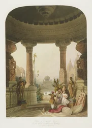 Portico di un tempio indù, con altri edifici indù e musulmani